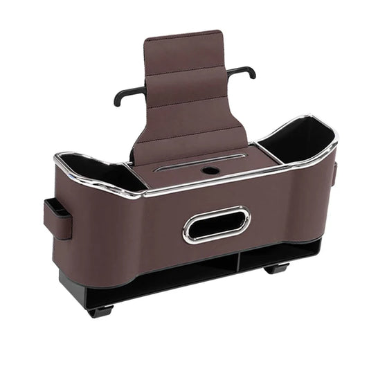 Brown car back seat organizer mounted behind front seat with tissue opening and lower hooks