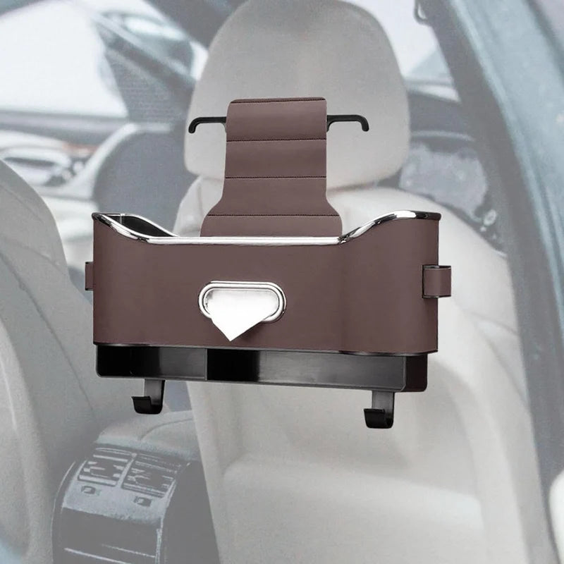 Brown headrest-mounted car organizer showing side pockets, tissue opening and hooks