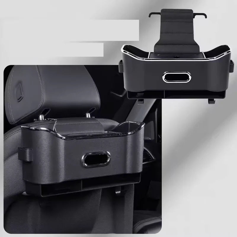 Black car back seat organizer shown on a car seat and from the front