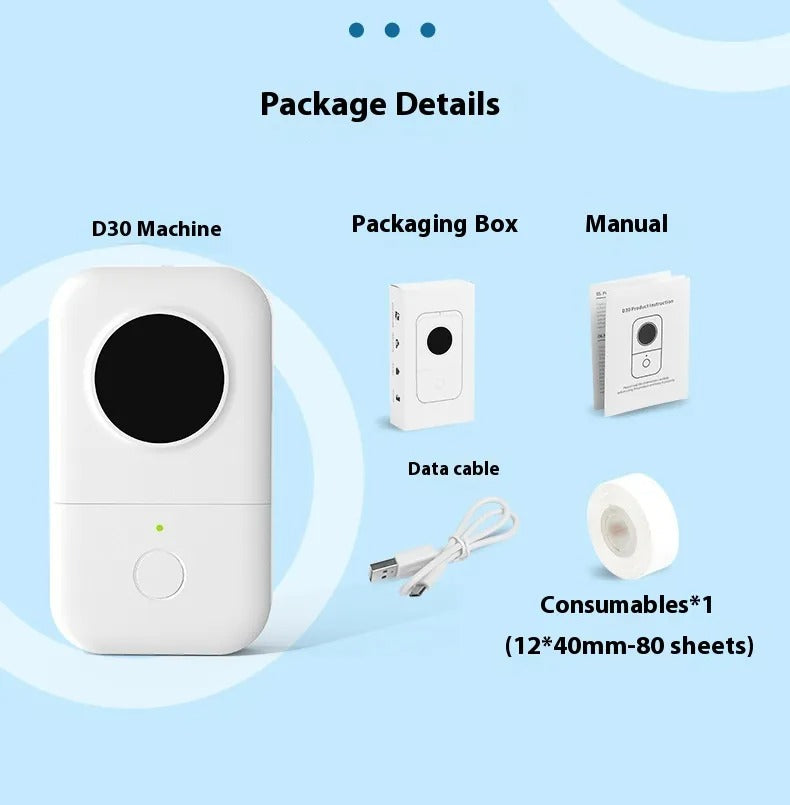 D30 Bluetooth Thermal Label Printer – Portable, Rechargeable, 8 Color Options